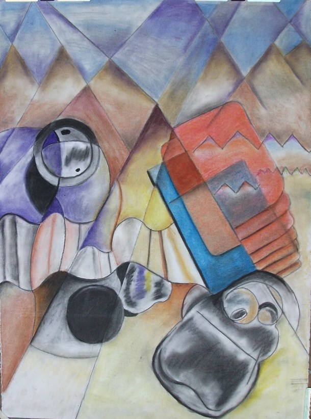 Bag, Book, and Bottle in a Landscape, Pastel Chalk on Paper, Howard Bosler, 2010.
