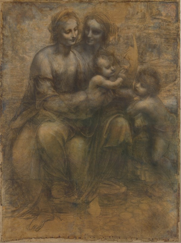 The Virgin and Child with St. Anne and St. John the Baptist, Cartoon, Charcoal, Black and White Chalk on Tinted Paper, National Gallery, London, Leonardo da Vinci, Somewhere Between 1499 and 1506.